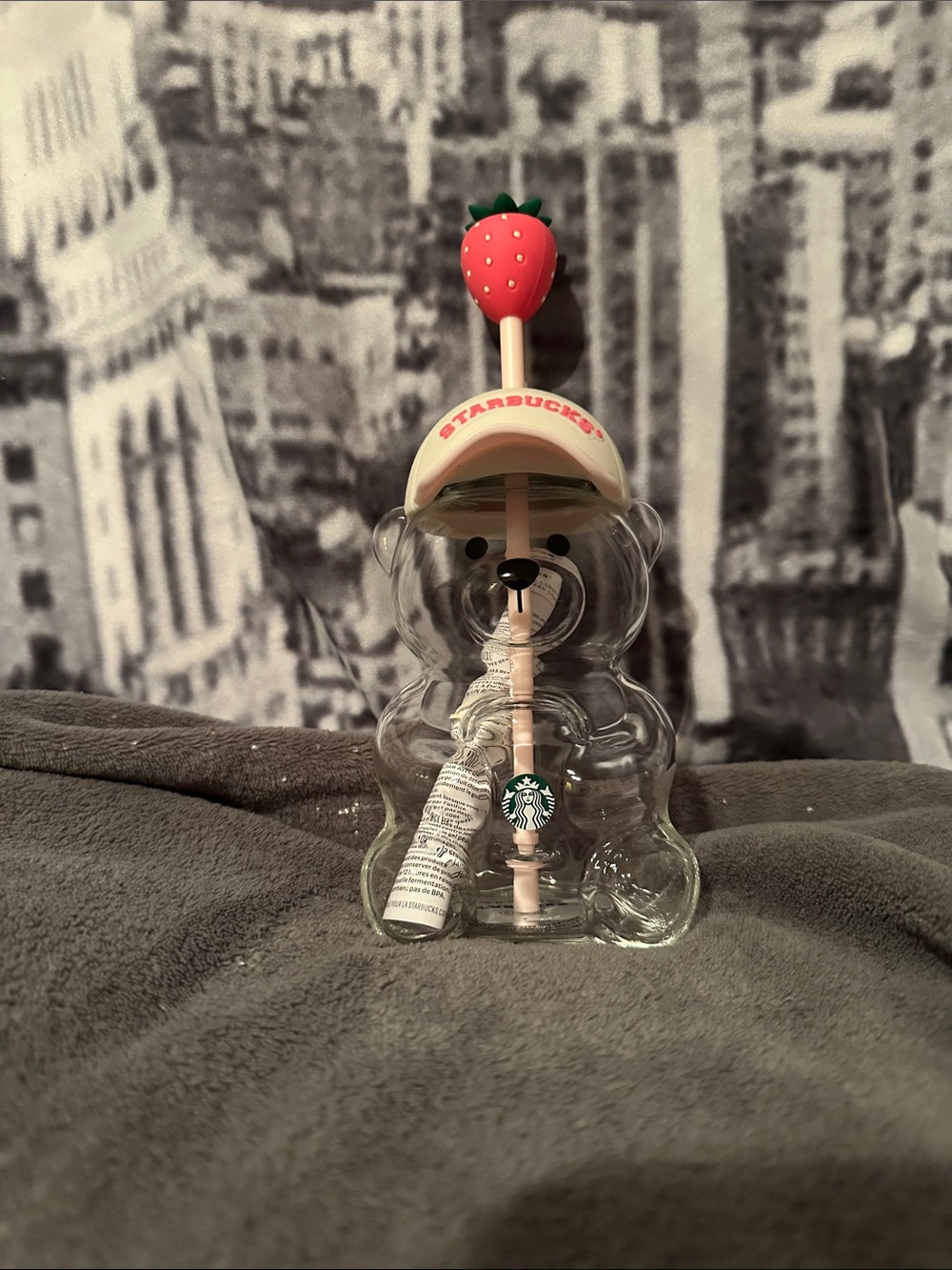 Starbucks Clear Bear Tumbler with Pink Strawberry Straw Charm